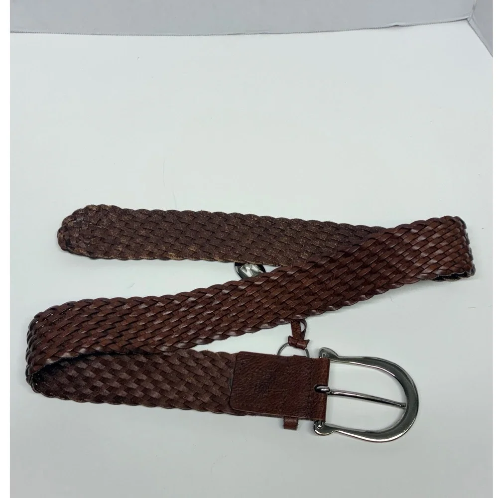MICHAEL M Kors Brown Braided Leather Belt M Boho Woven Silver MK Charm Wide